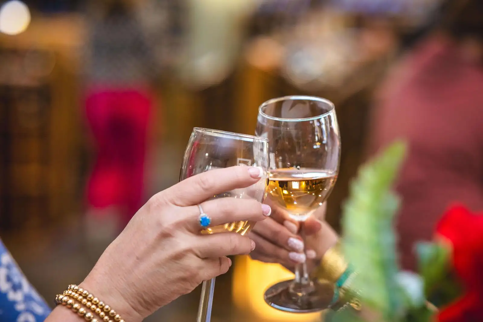 Two guests toasting with glasses of white wine