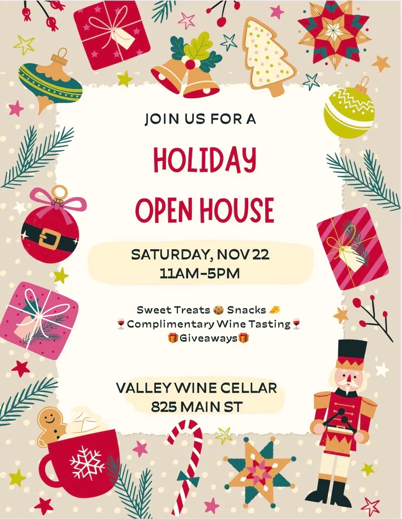 Holiday Open House flyer, Valley Wine Cellar
